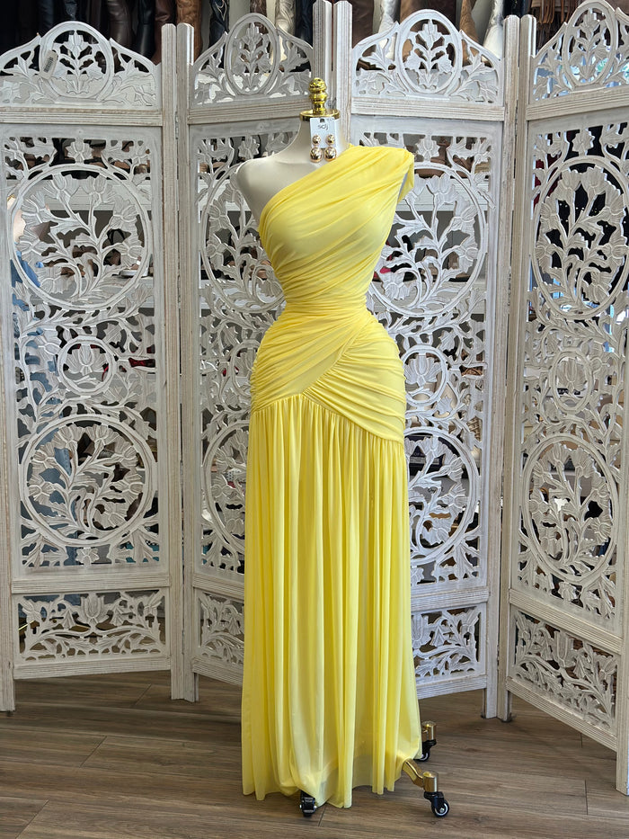 Bright Yellow Wrapped Dress- Estira, Stretchy