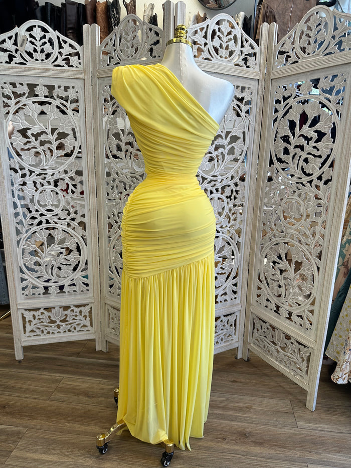 Bright Yellow Wrapped Dress- Estira, Stretchy