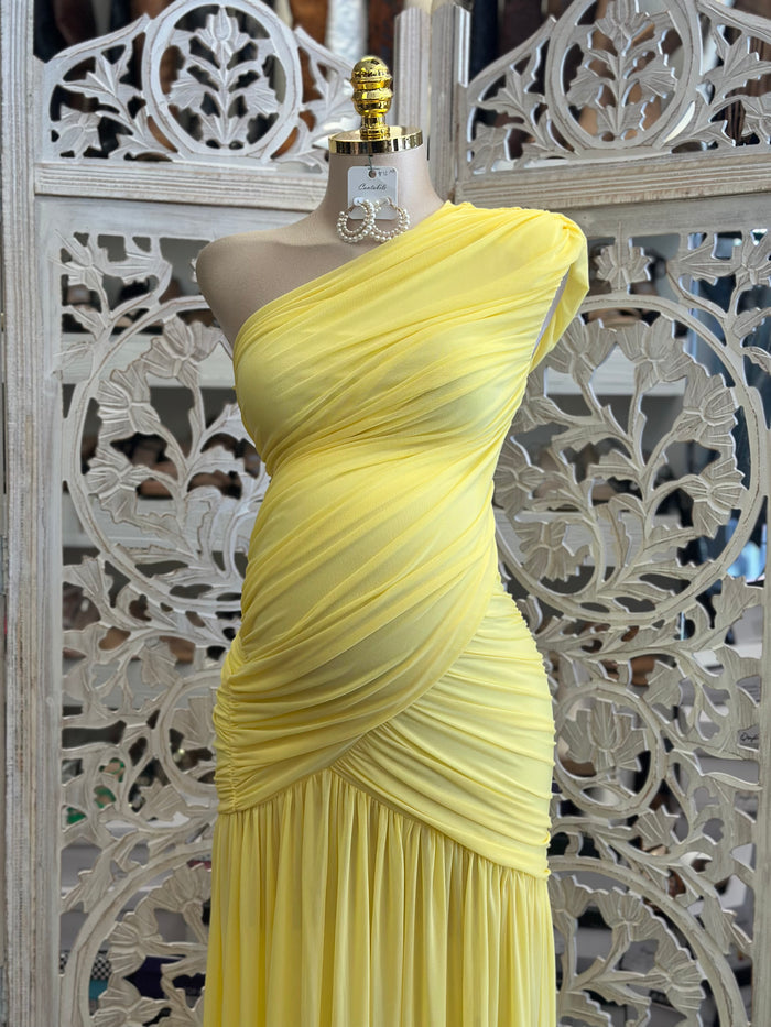 Bright Yellow Wrapped Dress- Estira, Stretchy