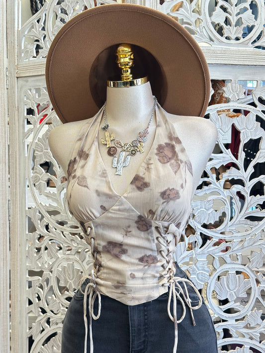 Brown Floral Halter Blouse