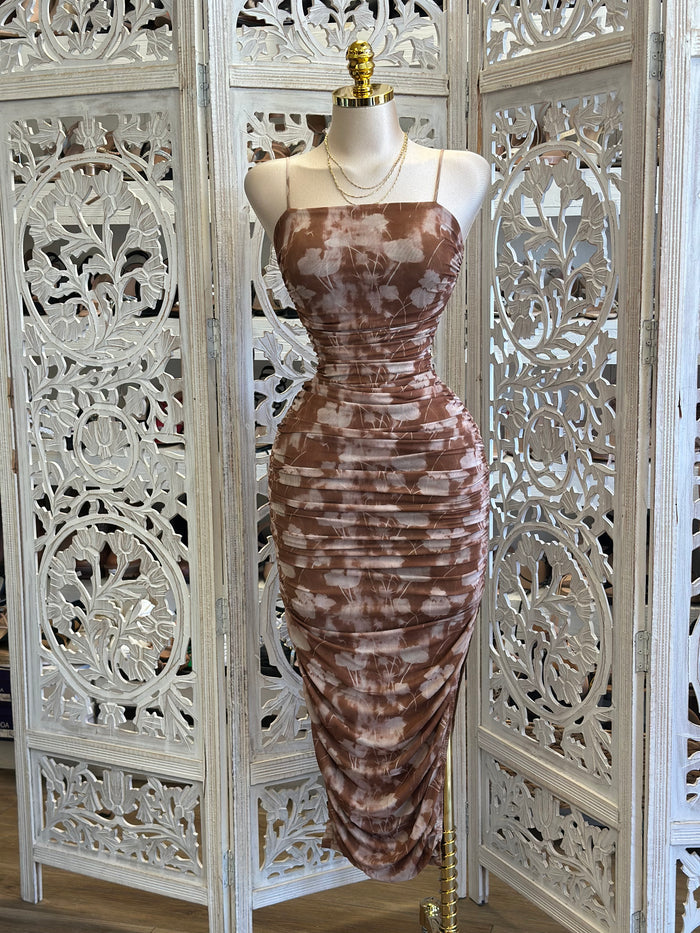 Brown Floral Ruched Dress - Estira, Stretchy