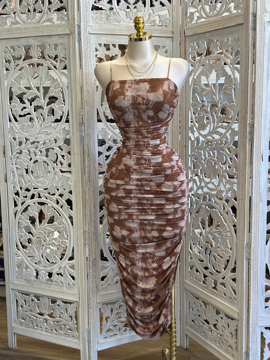 Brown Floral Ruched Dress - Estira, Stretchy