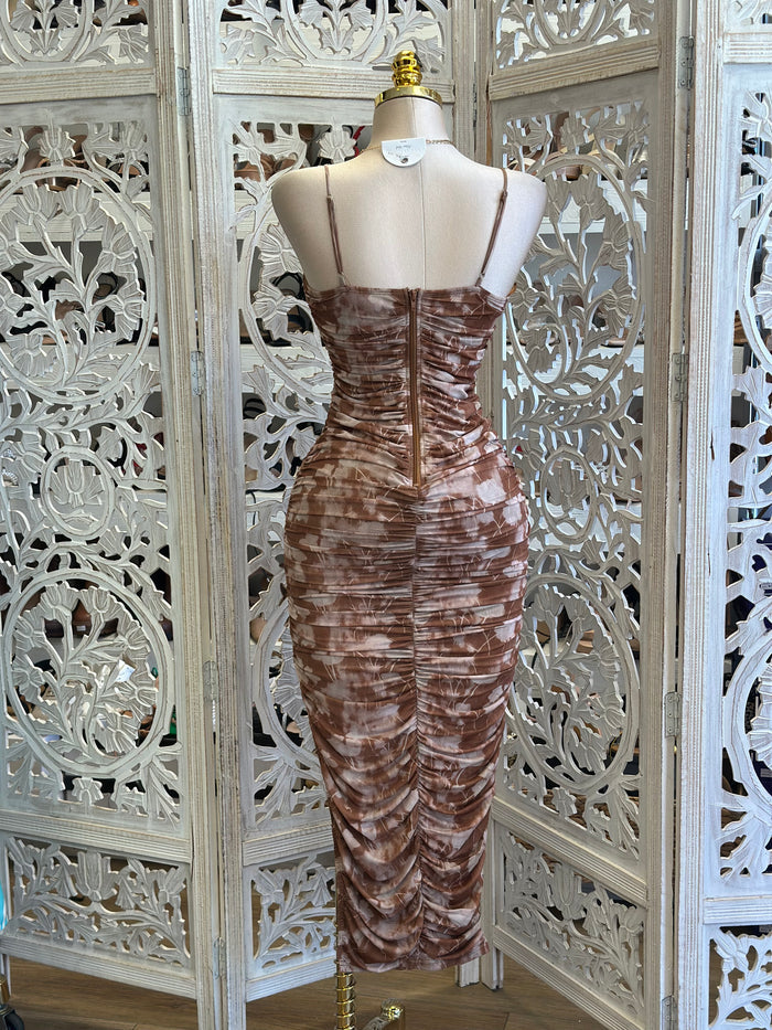 Brown Floral Ruched Dress - Estira, Stretchy