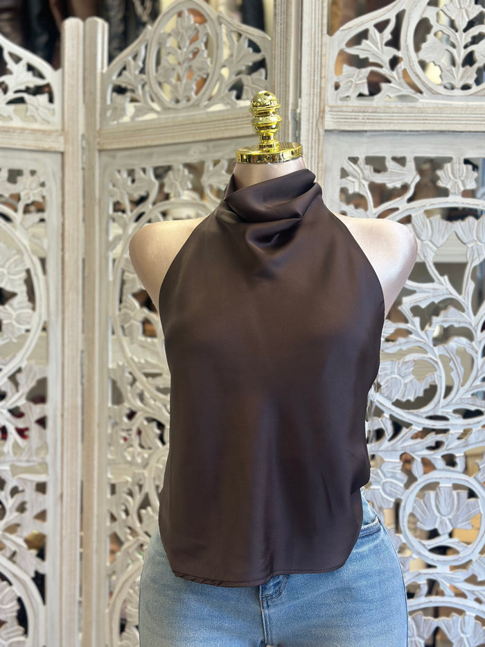 Brown Halter Backless Blouse