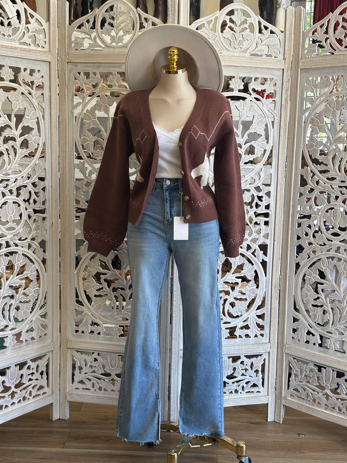 Brown Horse Print Knit Cardigan