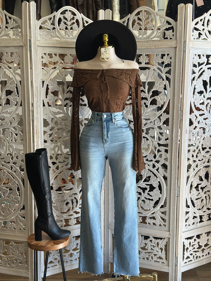 Brown Lace Off Shoulder Top- Estira, Stretchy