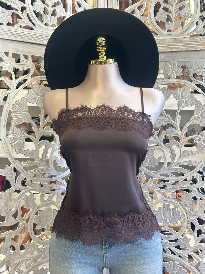Brown Lace Trim Blouse