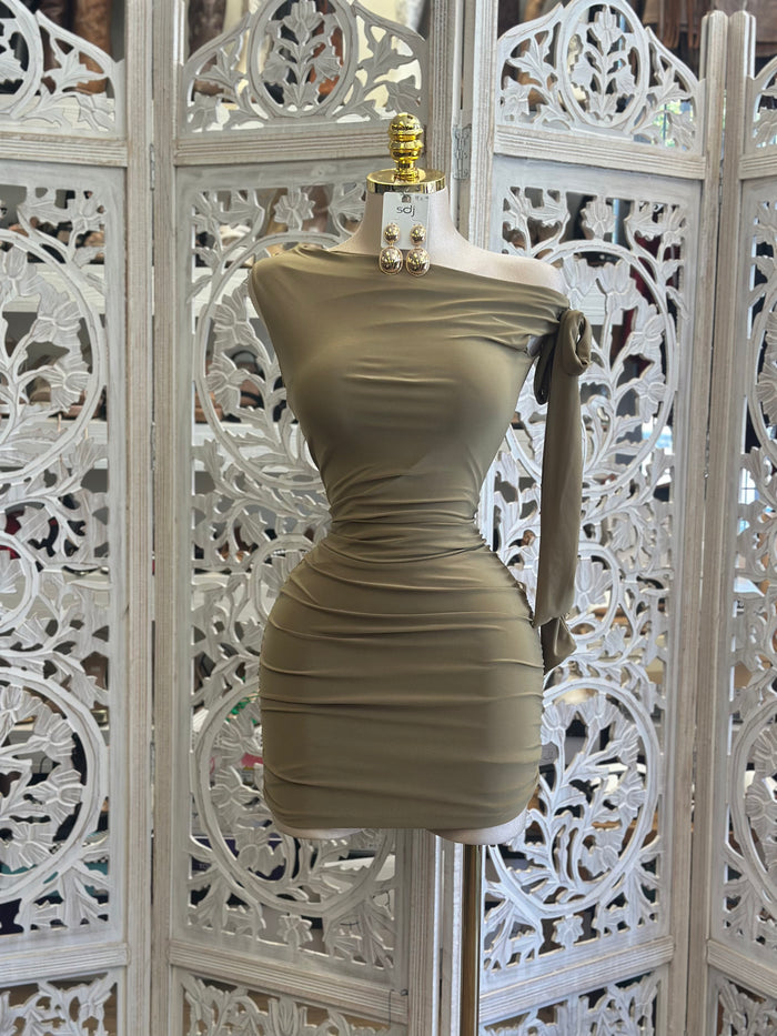 Brown Mini Ribbon Dress- Estira, Stretchy