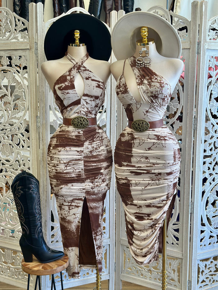 Brown Multi Pattern Dress- Stretchy, Estira