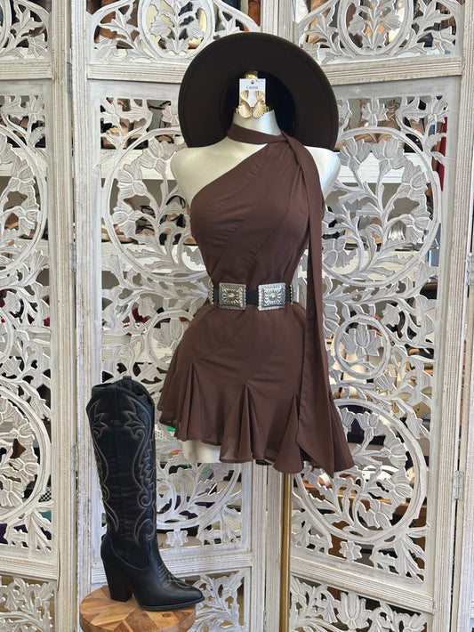 Brown Pleated Mini Dress -Not Stretchy, No Estira