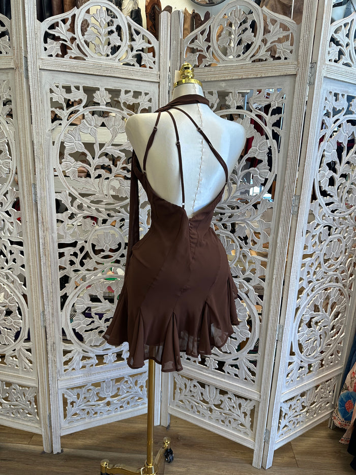 Brown Pleated Mini Dress -Not Stretchy, No Estira