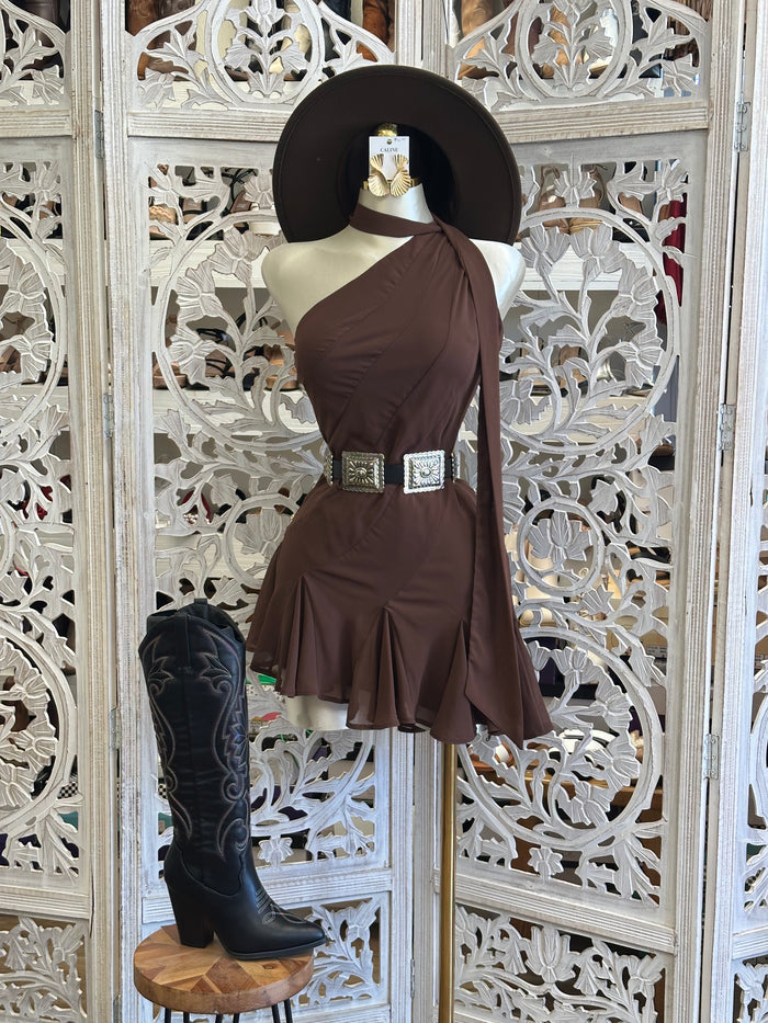 Brown Pleated Mini Dress -Not Stretchy, No Estira