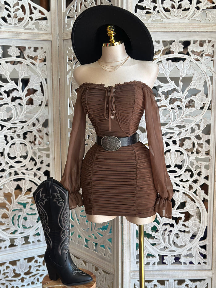 Brown Ruched Bell Sleeve Mini Dress- Stretchy,Estira