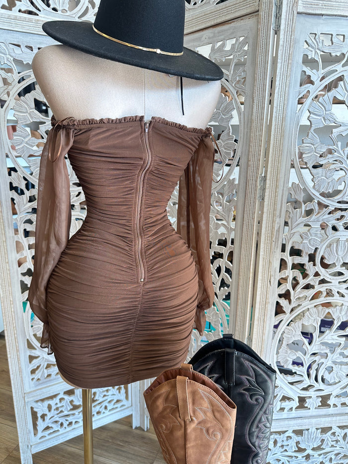 Brown Ruched Bell Sleeve Mini Dress- Stretchy,Estira
