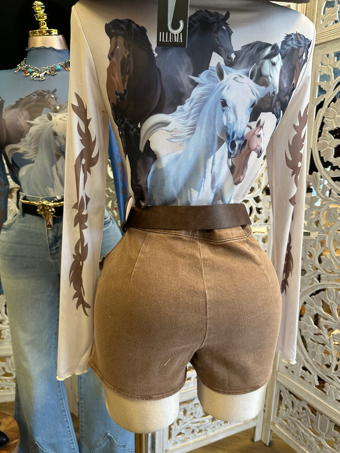 Brown Ruffle Mini Skort - Slightly Stretchy ,  Estira Poco