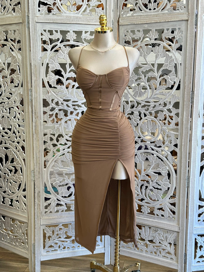 Brown Satin Lined Halter Corset Dress-Estira Stretchy