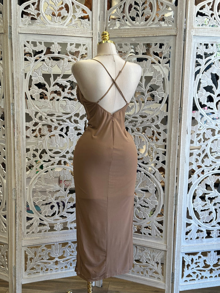 Brown Satin Lined Halter Corset Dress-Estira Stretchy