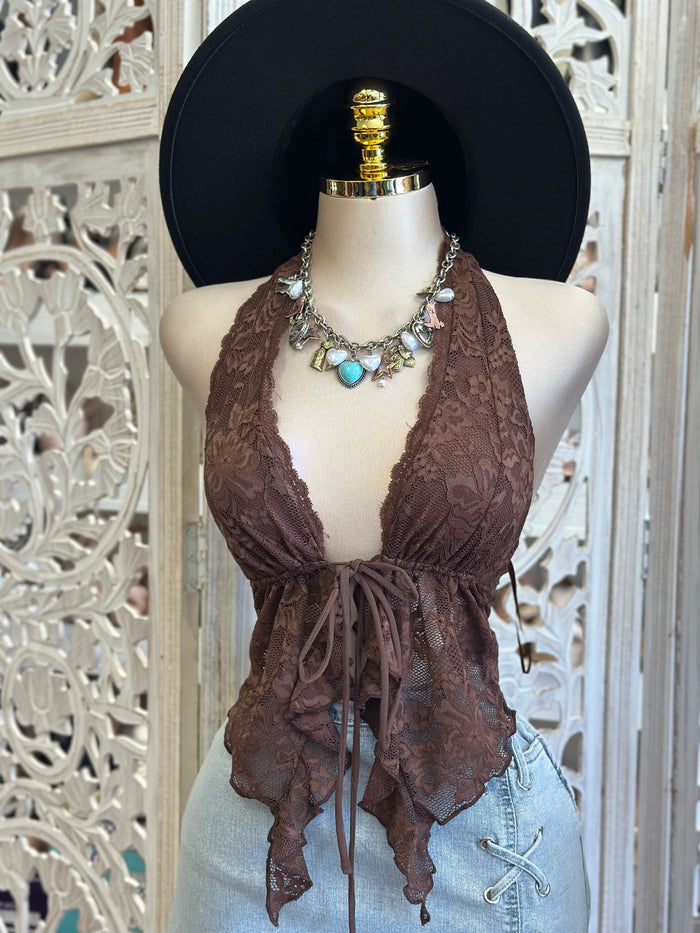Brown Split Lace Blouse - Estira Poco, Slightly Stretchy