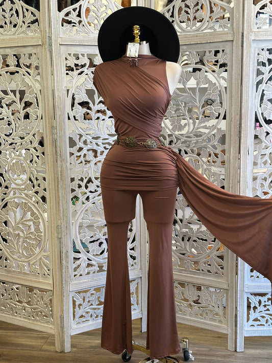Brown Wrapped Blouse and Pants Set- Stretchy, Estira