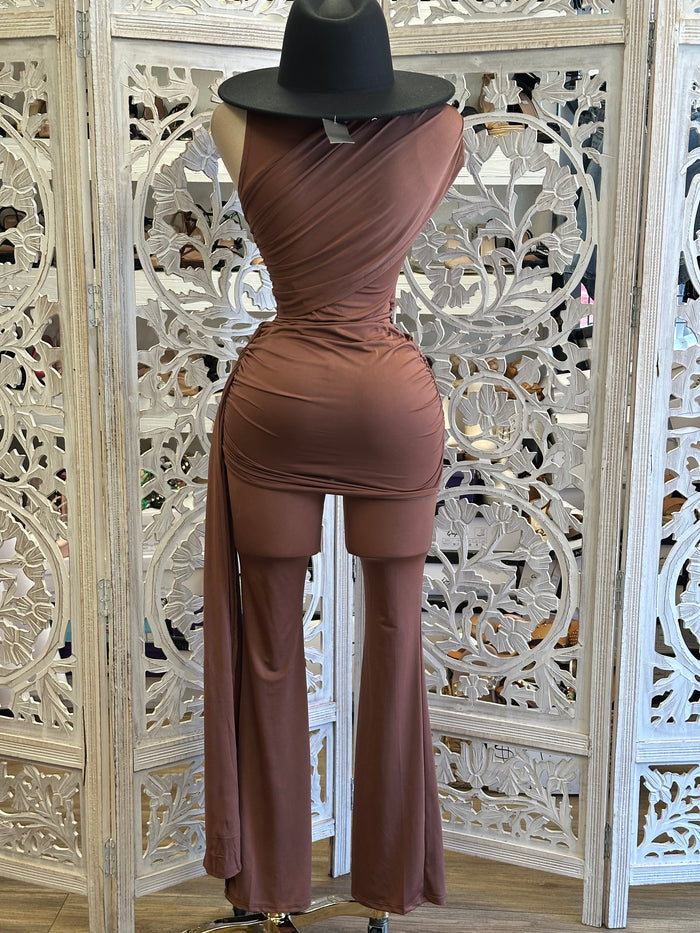 Brown Wrapped Blouse and Pants Set- Stretchy, Estira