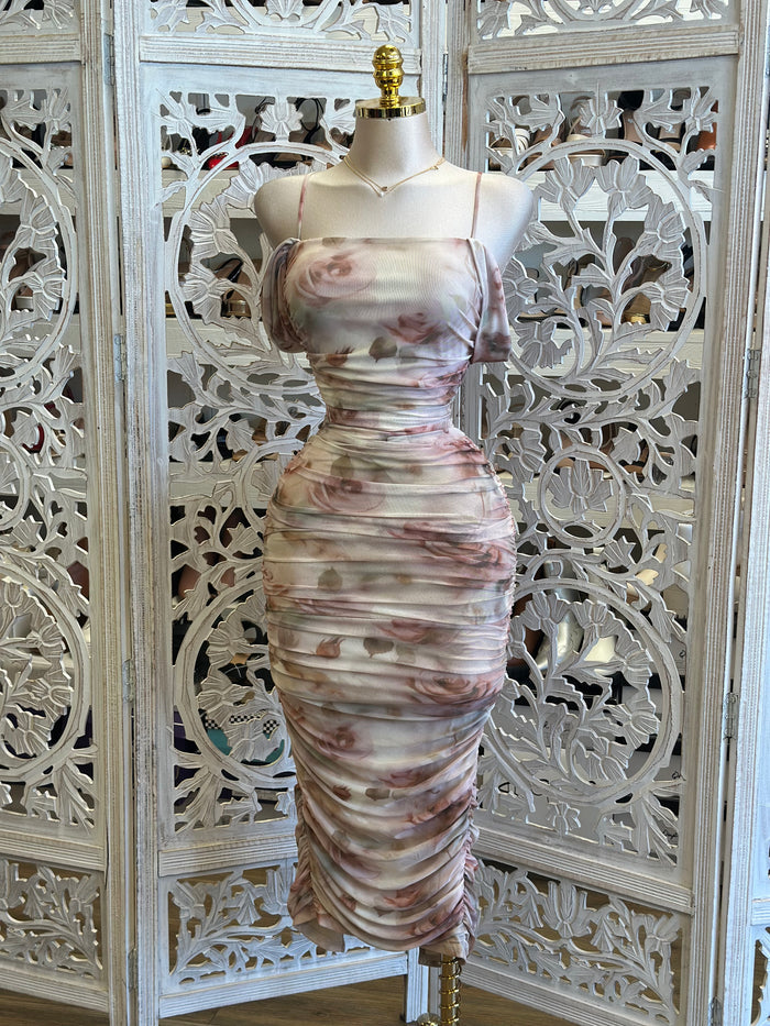 Brushed Floral  Ruched Dress- Stretchy, Estira