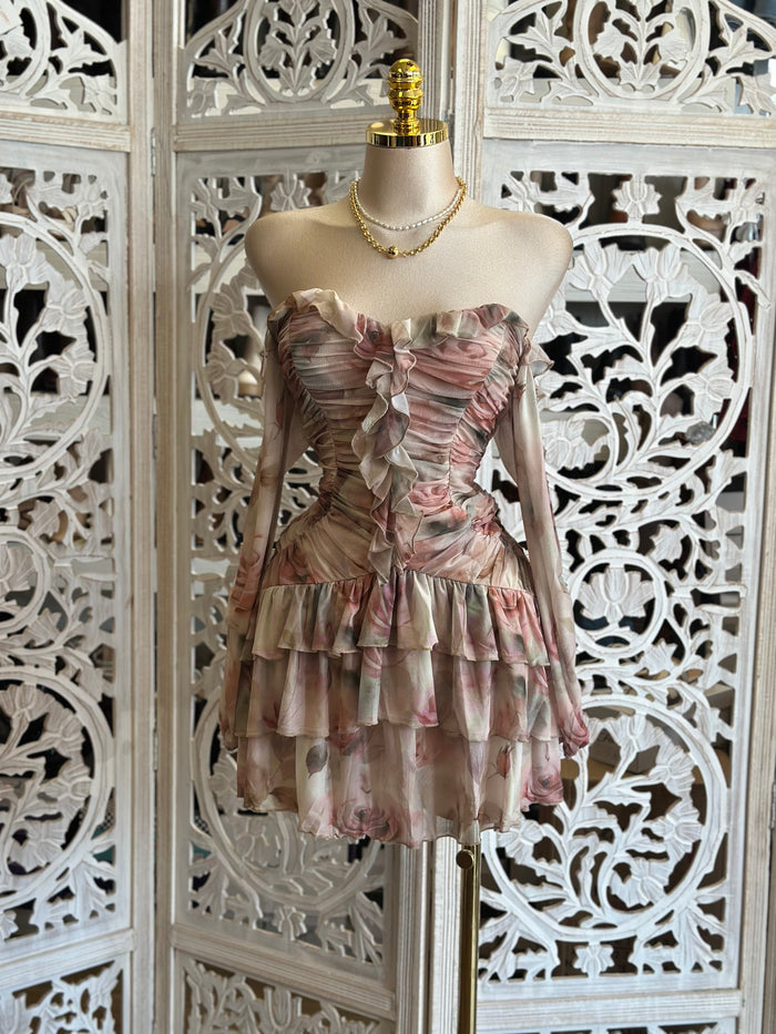 Brushed Floral Ruffled Mini Dress- Stretchy, Estira