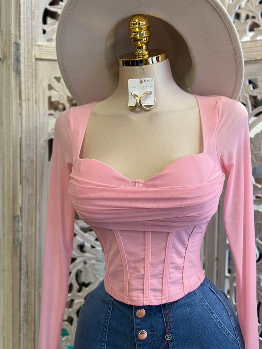 Bubble Pink Corset Cowl Neck Top- Estira, Stretchy