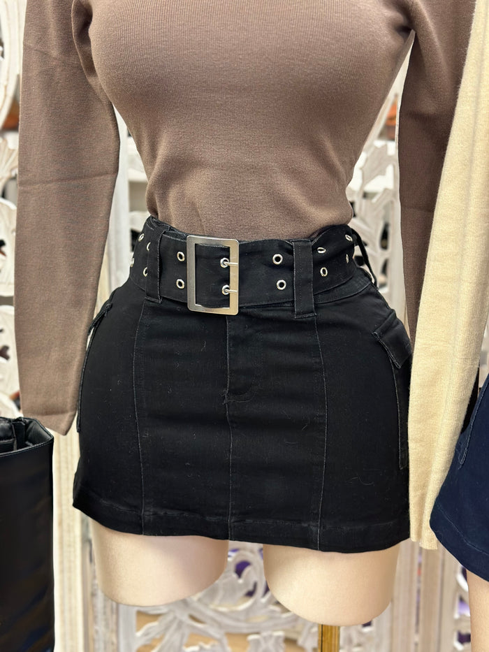 Buckle Belt Denim Mini Skirt-Estira, Stretchy falda corta