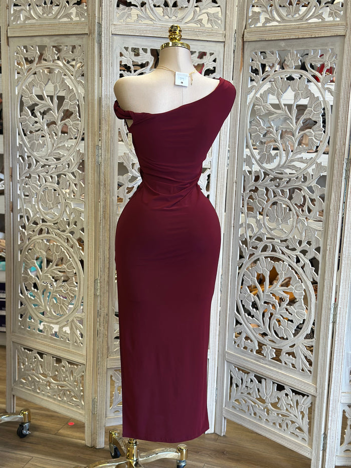 Burgundy Asymmetrical Knotted Dress -  Estira, Stretchy