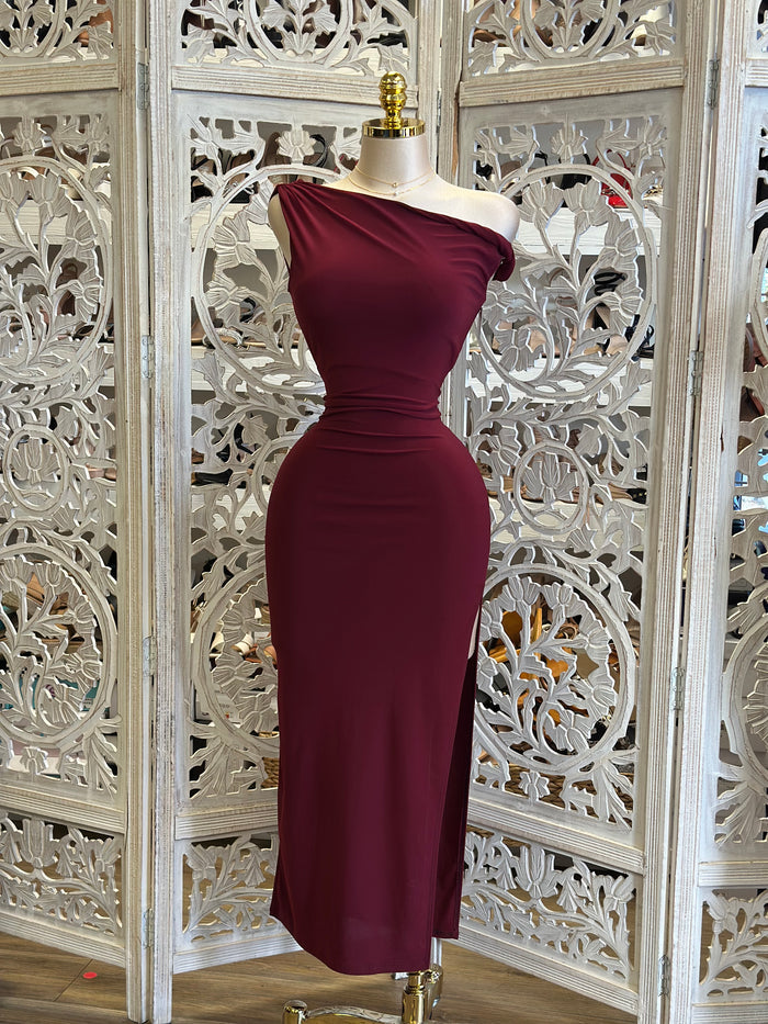 Burgundy Asymmetrical Knotted Dress -  Estira, Stretchy