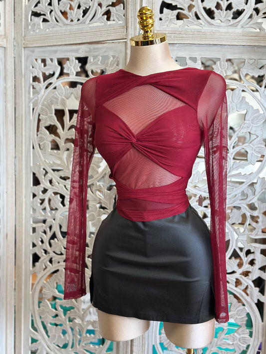 Burgundy Bow Mesh Long Sleeve Blouse- Estira, Stretchy