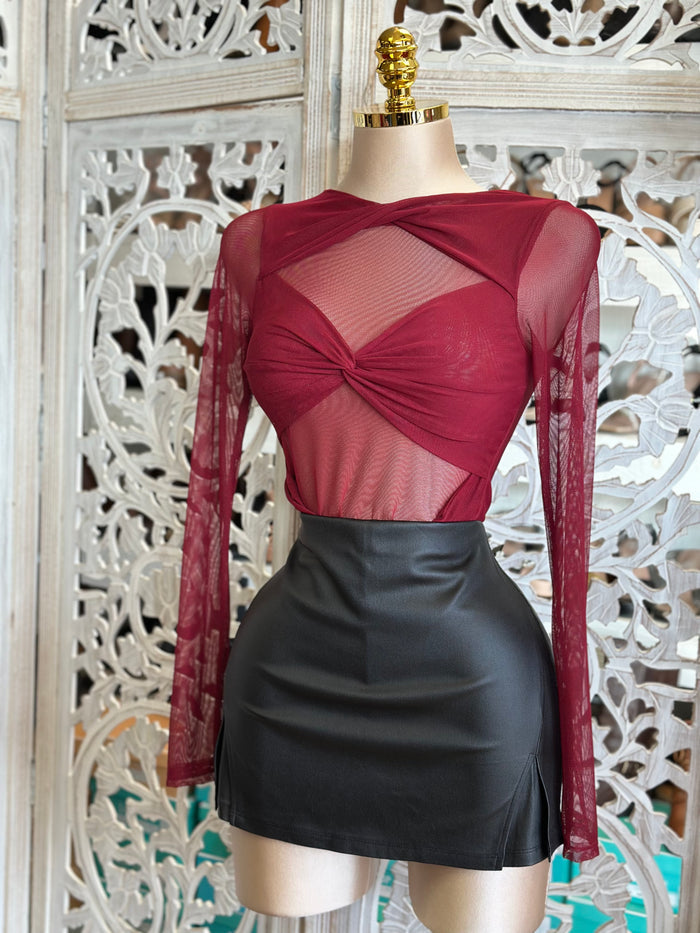 Burgundy Bow Mesh Long Sleeve Blouse- Estira, Stretchy