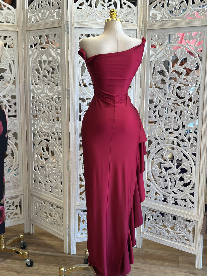 Burgundy High Slit Asymmetrical Dress - Estira, Stretchy