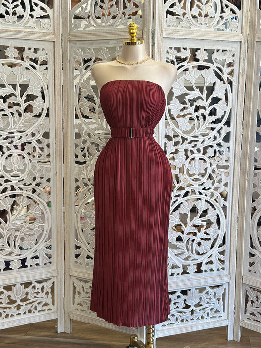 Burgundy Pleated Midi Dress- Stretchy, Estira