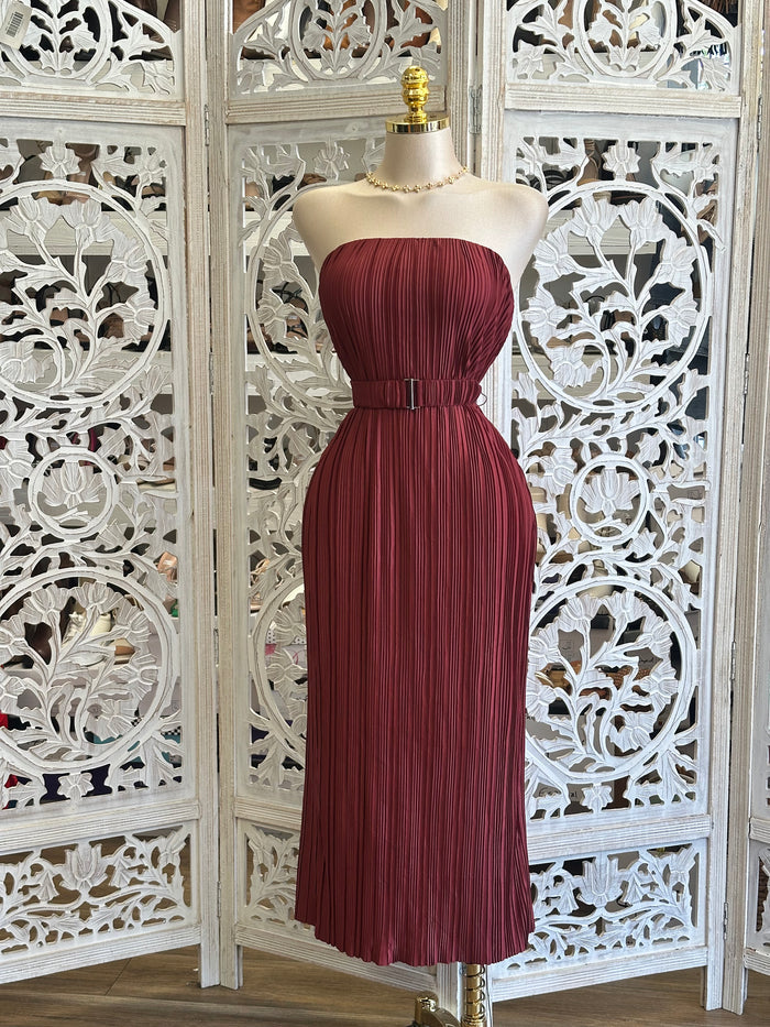 Burgundy Pleated Midi Dress- Stretchy, Estira