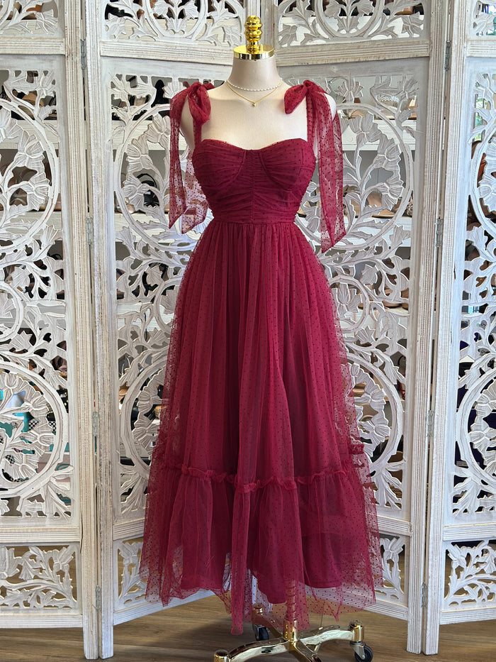 Burgundy Tulle Ribbon Strap Midi Dress - Estira, Stretchy