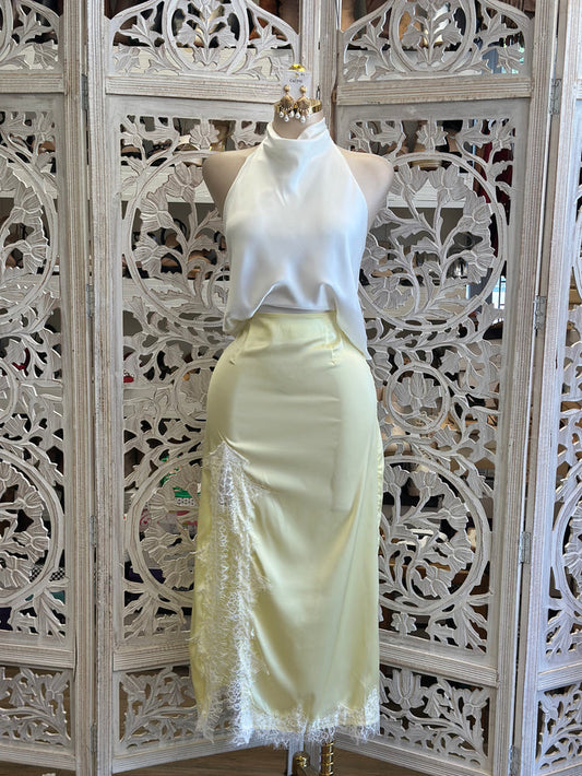 Butter Satin Lace Lined Midi Skirt- Slightly Stretchy ,  Estira Poco