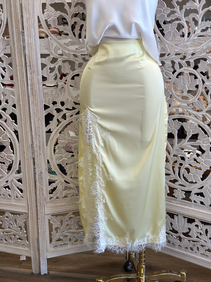 Butter Satin Lace Lined Midi Skirt- Slightly Stretchy ,  Estira Poco