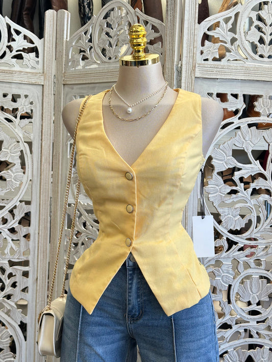 Button up Yellow Vest Top- Estira Poco, Slightly Stretchy
