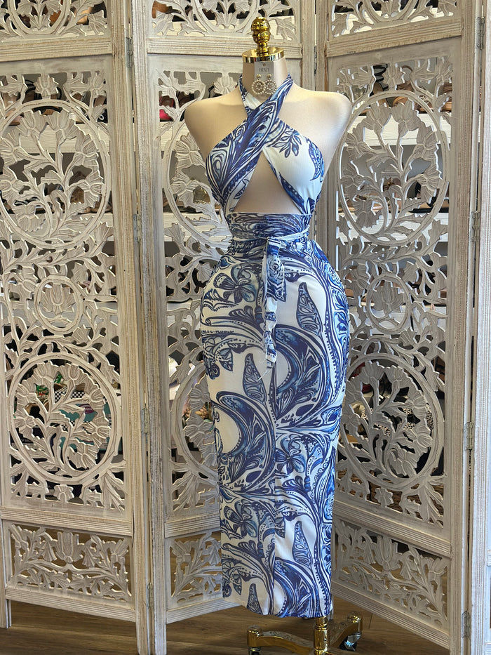 Cabo Halter Pattern Dress-Estira, Stretchy