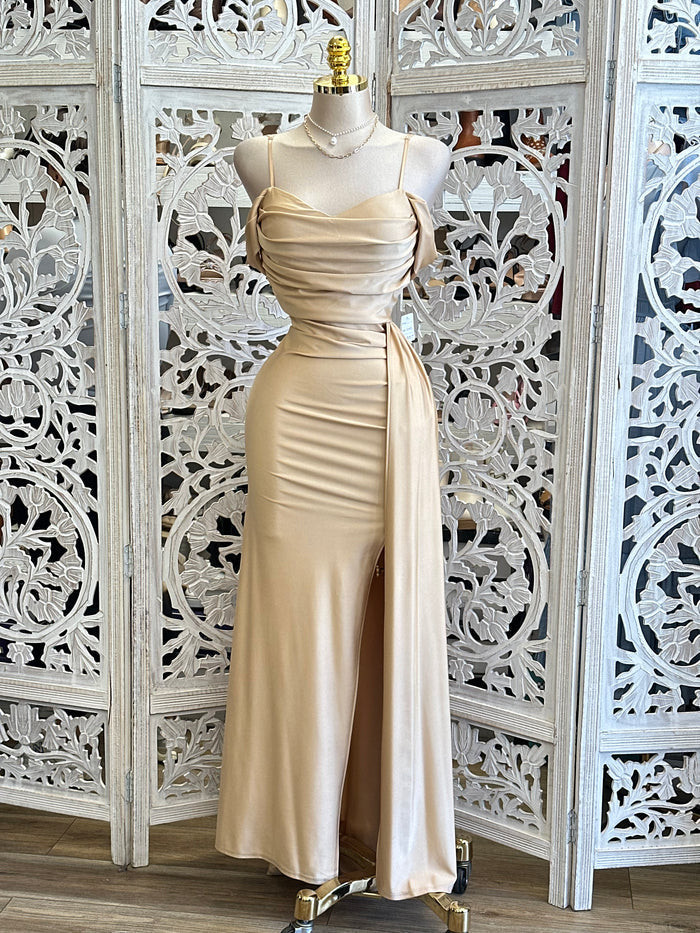 Champagne High Slit Formal Dress -Estira, Stretchy