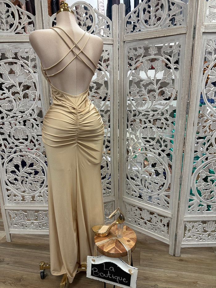 Champagne Ruched Gown- Slightly Stretchy, Estira Poco