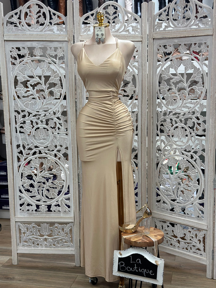 Champagne Ruched Gown- Slightly Stretchy, Estira Poco