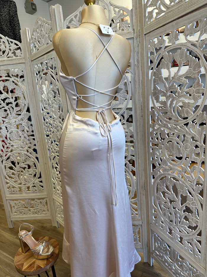Champagne Strappy Ruffle Dress-Not Stretchy