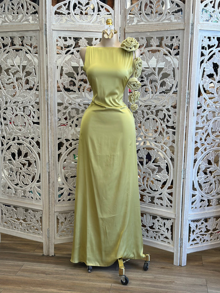 Chartreuse Floral Maxi Dress -Not Stretchy, No Estira