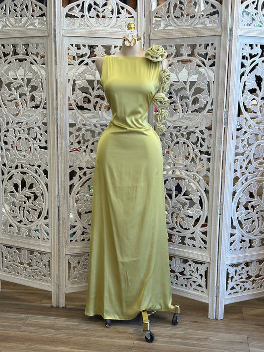 Chartreuse Floral Maxi Dress -Not Stretchy, No Estira