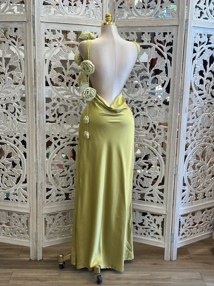 Chartreuse Floral Maxi Dress -Not Stretchy, No Estira