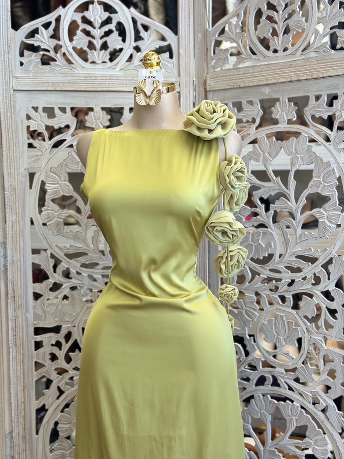 Chartreuse Floral Maxi Dress -Not Stretchy, No Estira