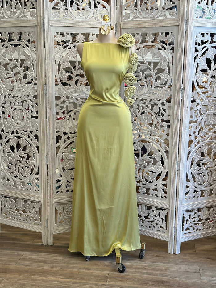 Chartreuse Floral Maxi Dress -Not Stretchy, No Estira