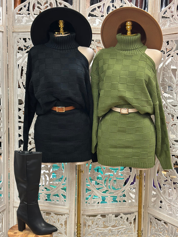 Checkered Shoulder Cutout  Sweater Set- Stretchy,Estira